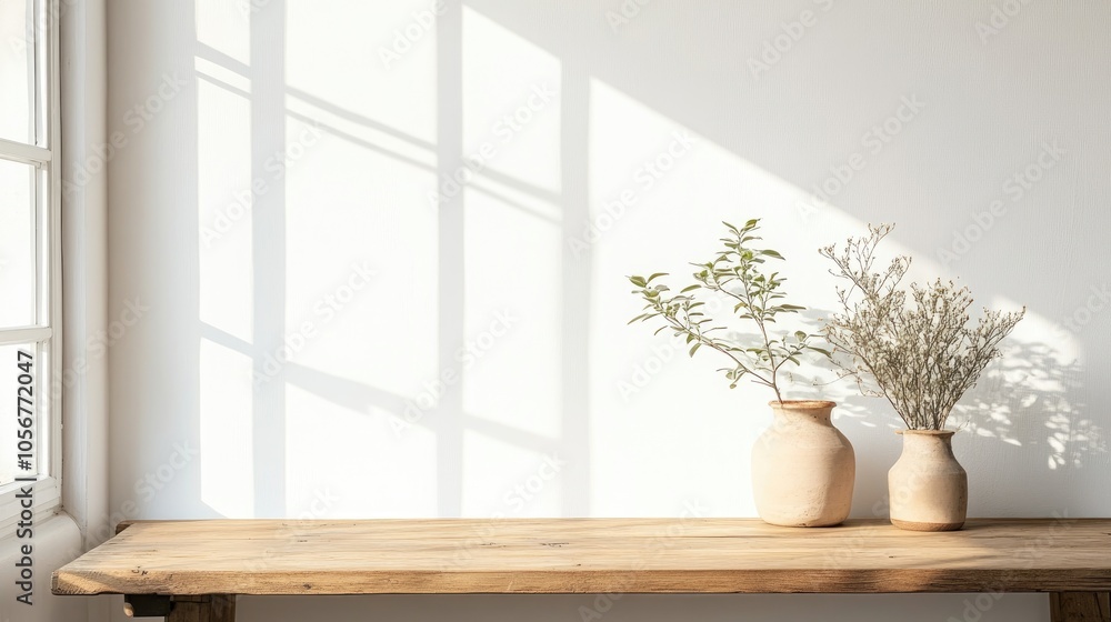 Aufkleber Empty wooden table serves as a versatile surface for multiple uses featuring a neutral color scheme complemented by a white wall and abundant natural light from a nearby window
