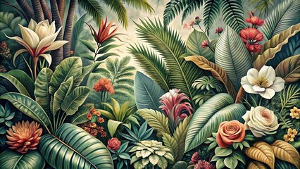 Obraz premium A symphony of lush foliage and vibrant blooms, painted in a vibrant palette of greens, reds, and whites, capturing the essence of a thriving jungle.