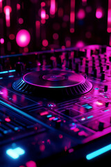 Vibrant dj setup with turntable and led lights for disk jockey celebration. International DJ Day. World Music Day. International Reggae Day. Vertical banner