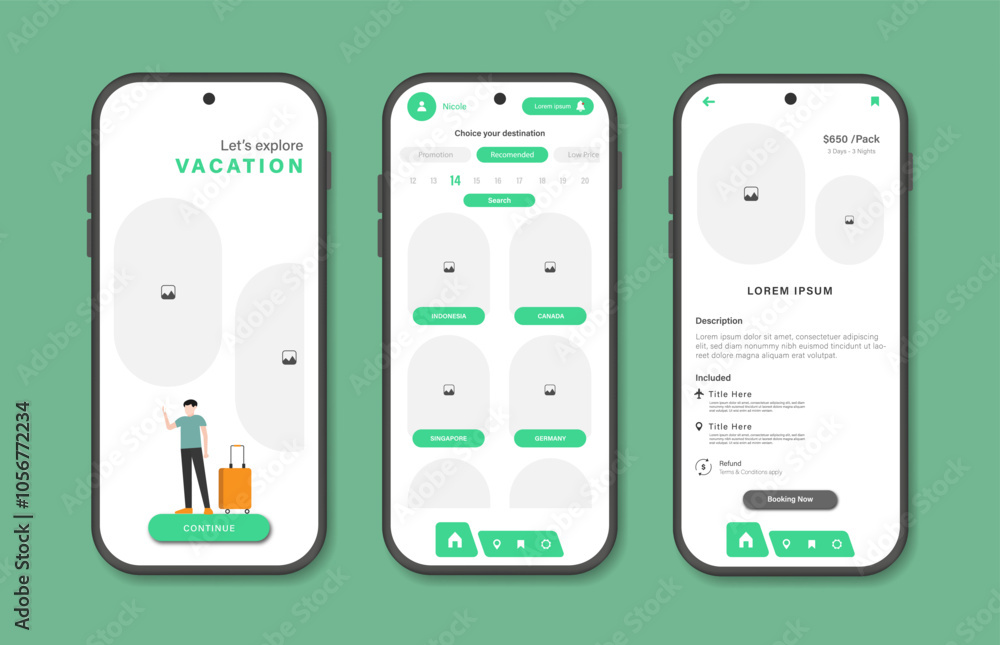 Poster vacation destinations for mobile applications. vacation tourism destination platform screen. graphic