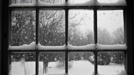 Fresh snow blankets the windowpane