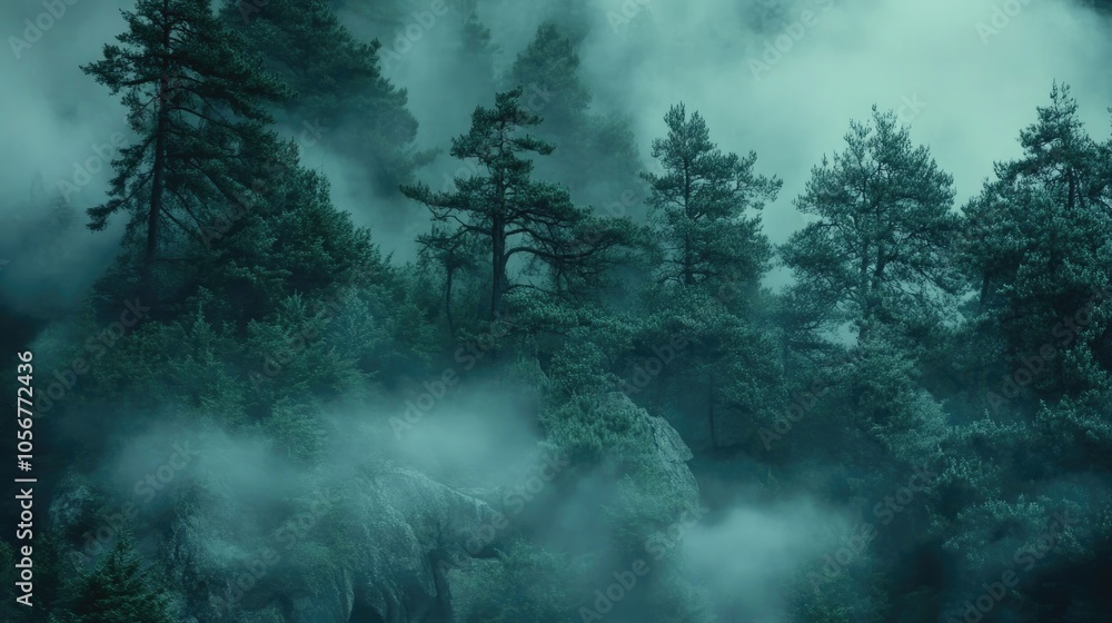 Aufkleber pine trees enveloped in a mystical foggy forest setting