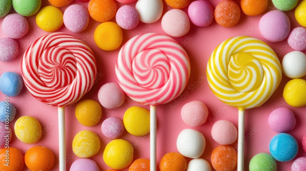 Poster three vibrant lollipops alongside a heap of assorted colorful candies