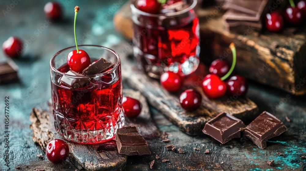 Aufkleber juicy cherries and chocolate bits served in glasses with cherry juice on a rustic table