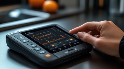 A hand interacting with a digital device displaying data trends.