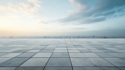 Perspective view of a vacant rooftop floor featuring concrete tiles