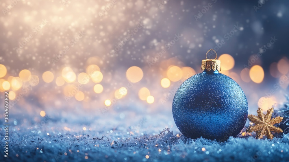 Poster blue christmas ornament on an abstract blurred background featuring golden bokeh lights and snowflak