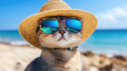Playful cat reveling in a sunny beach day stylishly adorned with sunglasses and a trendy hat