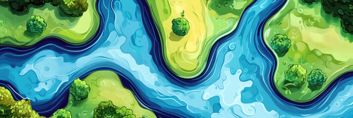 Celebrating international rivers day with vibrant nature scene depicting meandering waterways. Copy space. Flat illustration. Save water and environment concept. Climate change problem