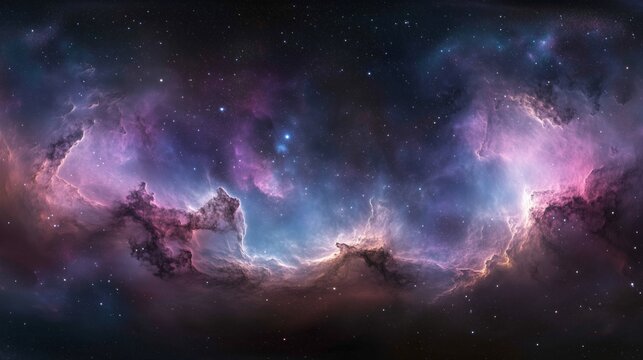 Explore a stunning cosmic nebula with vibrant gases and twinkling stars in a 360-degree panorama.