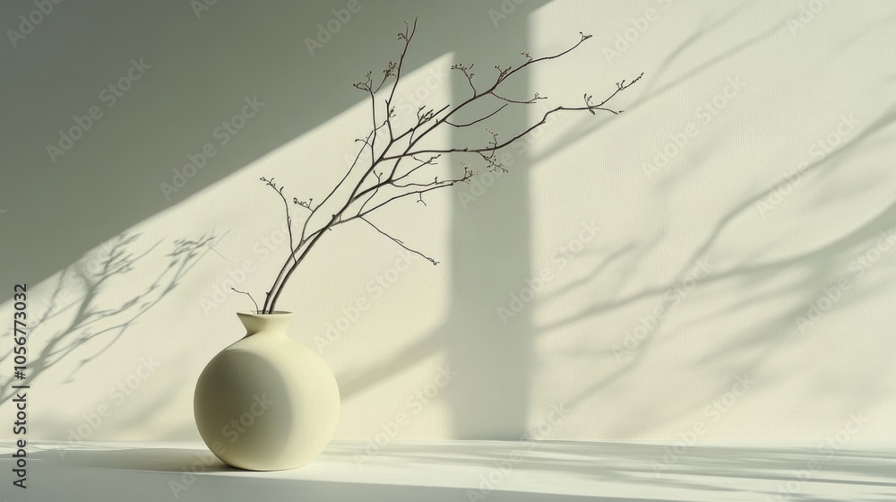 Poster A minimalist design features a vase with delicate branches creating subtle shadows on a softly hued backdrop