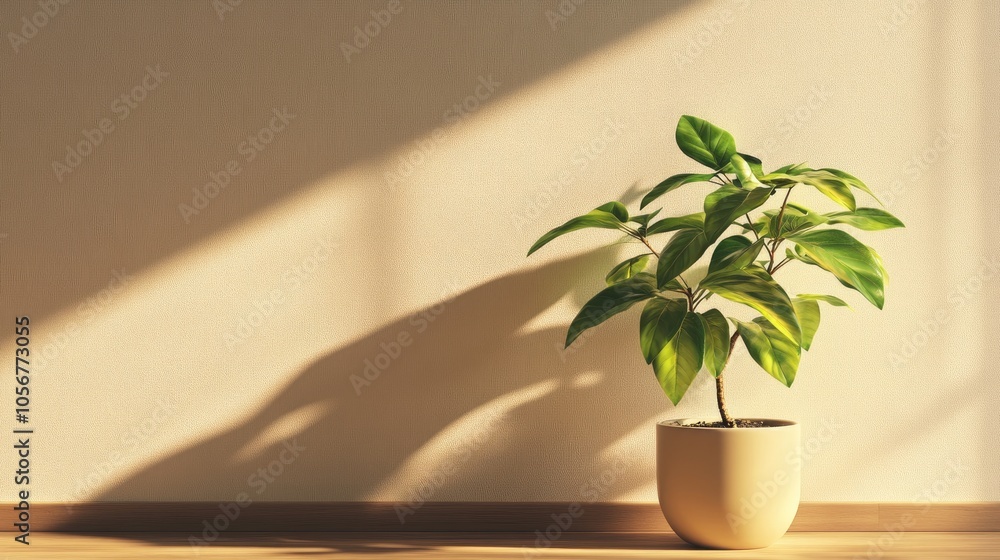 Poster Lush houseplant in a pot placed on a wooden floor next to a wall illuminated by sunlight casting shadows on a beige backdrop Vertical composition ideal for mockup presentations