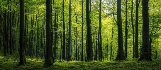 Japanese Beech Trees In Nature Forest In Early Spring