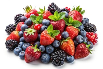 Fototapeta premium Fresh Mixed Berries on White Background - Stock PNG, Perfect for Culinary, Health, and Lifestyle Projects, High-Quality Image Ideal for Print and Web Use, Enhance Your Designs with Vibrant Colors