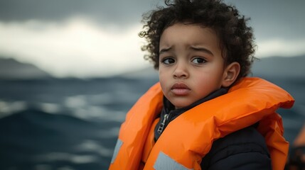 Young refugee child wearing an orange life jacket on a migrant boat expressing sadness