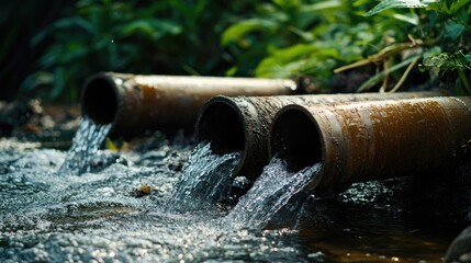 Source of three pipes delivering pristine water