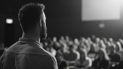 Man Speaking to an Audience in a Social problems. Vintage Black and White Photography. 