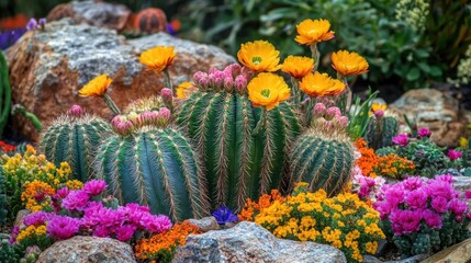 Blooming cacti in a vibrant flowerbed within a botanical garden