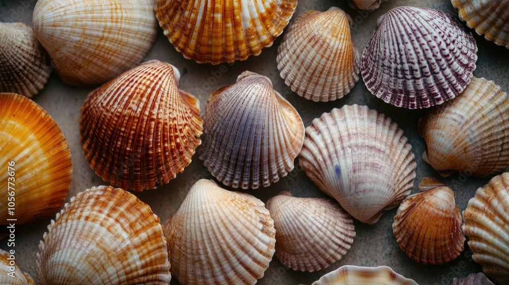 Poster Close up of various cockle shells in muted colors showcasing their intricate textures and patterns