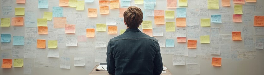 Fototapeta premium Freelancer Brainstorming Ideas on Notepad with Motivational Wall Art in an Organized Workspace, Inspiration, Productivity, Creativity, and Success
