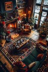 Fototapeta premium A cozy living room with a fireplace, a green couch, and a Christmas tree. The room is decorated with Christmas lights and has a warm and inviting atmosphere