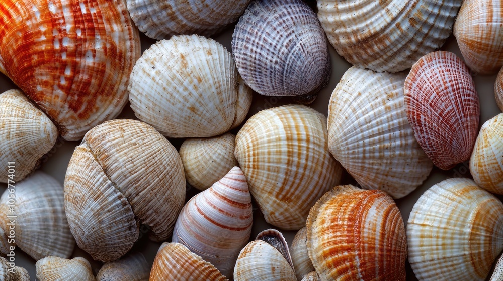 Poster Close up of various cockle shells in muted colors showcasing their intricate textures and patterns
