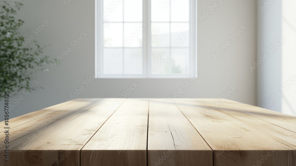 Aufkleber Empty wooden table serves as a versatile surface for multiple uses featuring a neutral color scheme complemented by a white wall and abundant natural light from a nearby window