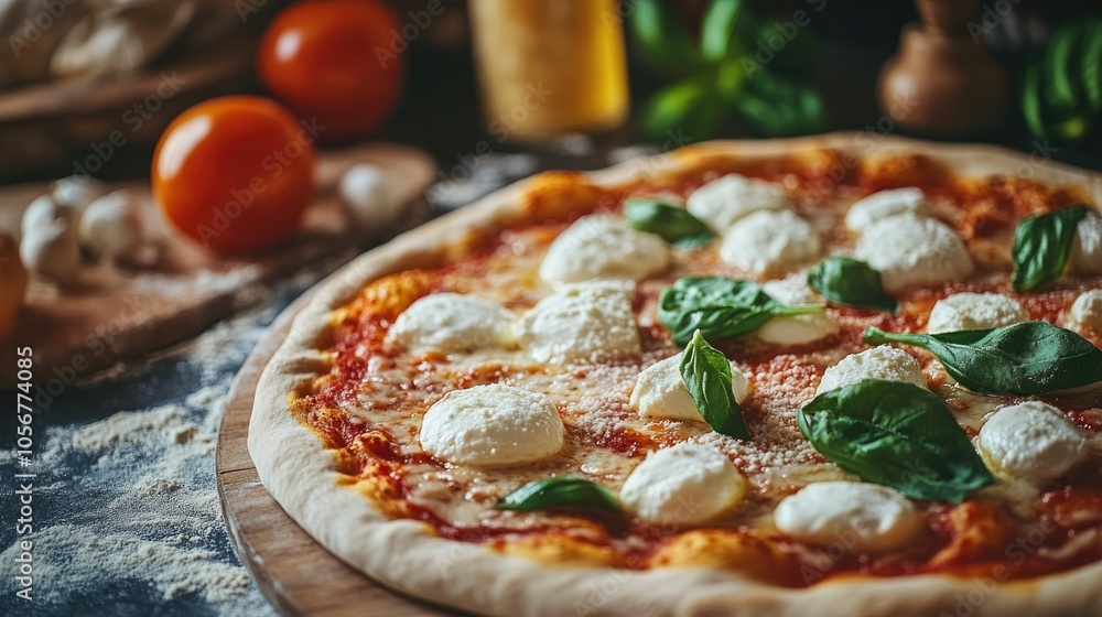 Poster close up of a whole pizza with fresh mozzarella cheese blurred ingredients on the dough in the backg