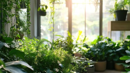 Fototapeta premium Indoor botanical garden featuring green plants with sunlight streaming through panoramic windows creating a fresh natural background