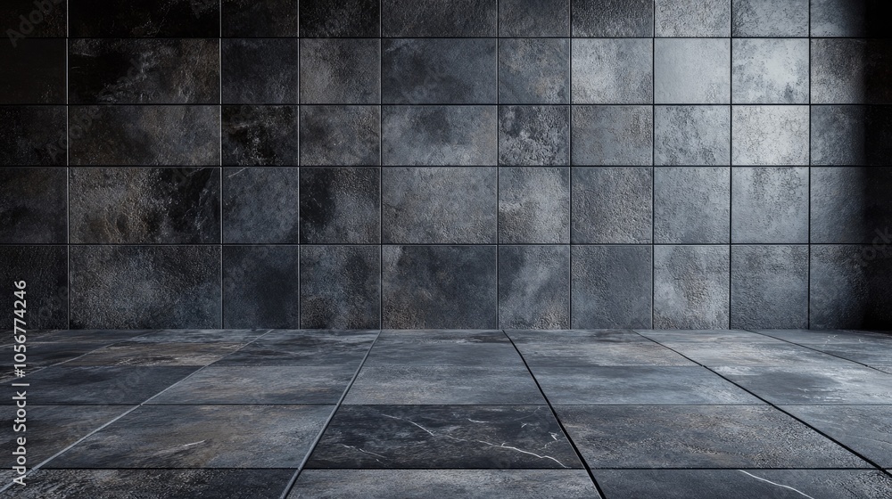 Aufkleber Dark gray anthracite concrete tiles on a stone wall and floor in an empty 3D studio creating an interior texture ideal for product display with a square wall background