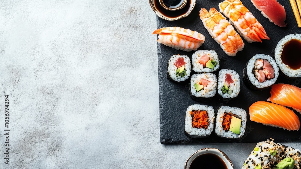 Poster assorted fresh and tasty sushi arranged on black slate accompanied by metal and slate chopsticks wit