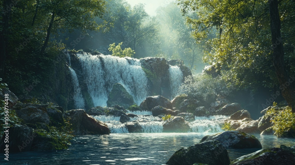 Poster water flows through a forest cascading over rocks