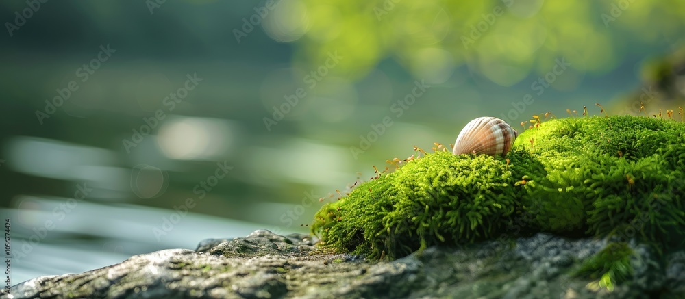Poster green moss on a tree with a shell on the shore of the lake