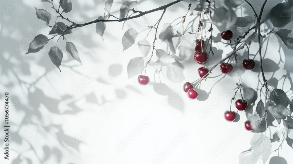 Aufkleber Soft overlay blur enhances a natural light image featuring gray shadows of cherry tree branches and cherries against a white backdrop Abstract neutral nature concept for design use
