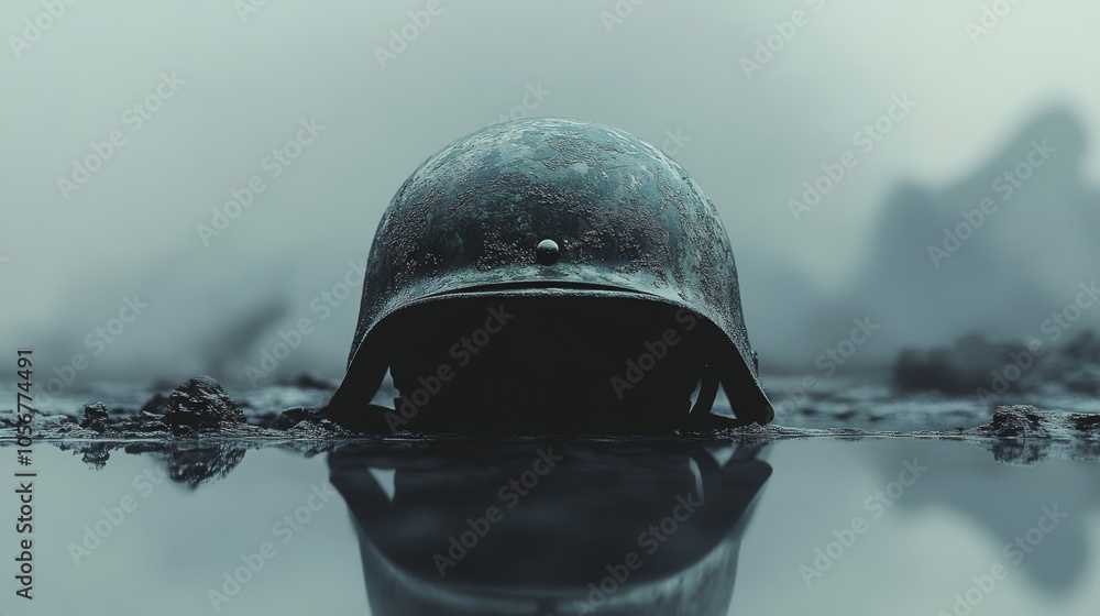 Poster ample space for copy surrounding a soldier helmet in a minimalist design.