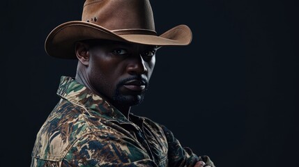 African American male hunter in camouflage attire and a cowboy hat