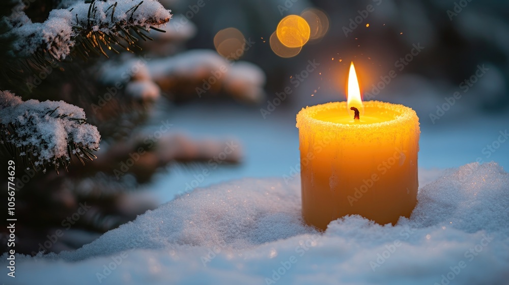 Aufkleber festive candle surrounded by snow and a tree featuring ample copy space