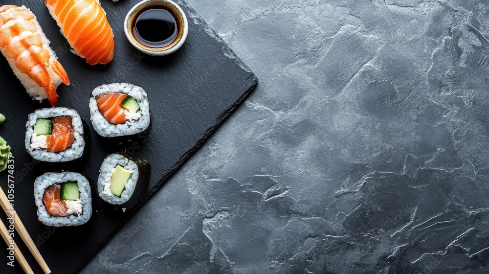 Poster assorted fresh and tasty sushi arranged on black slate accompanied by metal and slate chopsticks wit