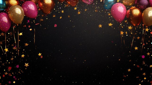 Colorful confetti balloons and glittering gold stars shimmer on a dark backdrop creating a festive texture perfect for adding personalized text
