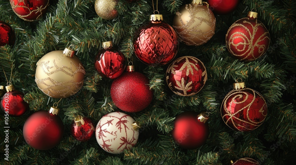Poster A variety of Christmas ornaments in red and gold adorn a festive tree creating a joyful atmosphere with ample space for text