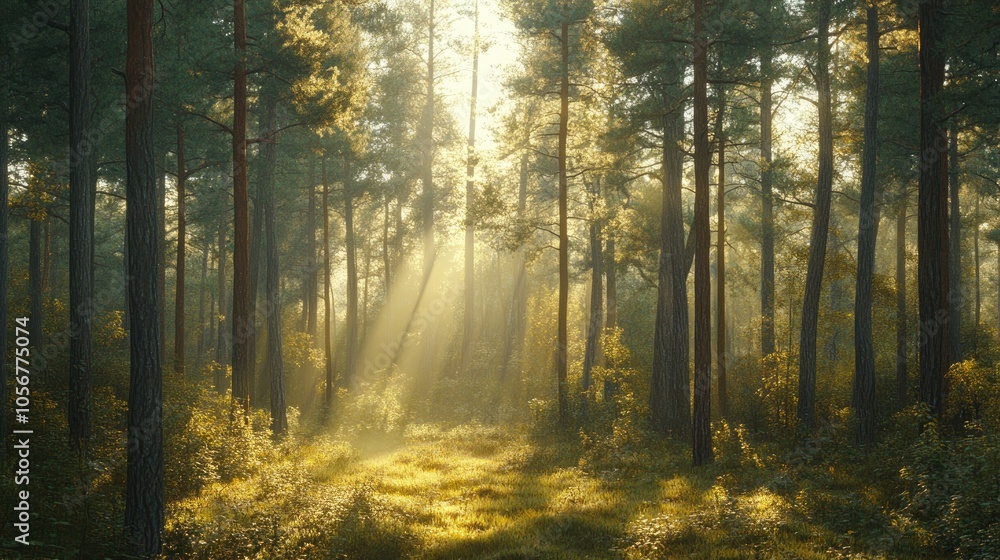 Poster Expansive forest scene with sunlight filtering through the branches of the trees