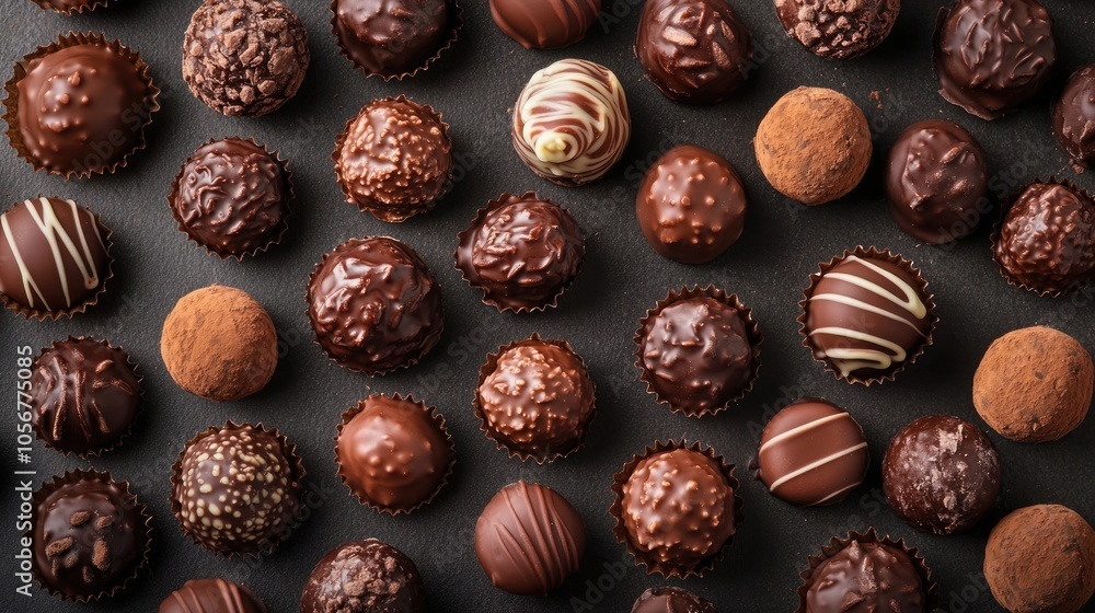 Poster top view of chocolate truffles on a background delicious cocoa confections
