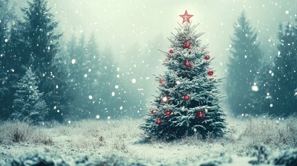 Vintage style Christmas tree amidst snowfall in a picturesque forest creating a beautiful winter landscape for holiday celebrations