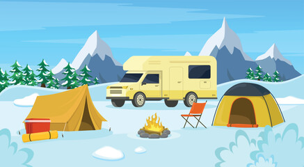 Winter camping on the background of mountains with car, forest, tents, campfire and chair.
