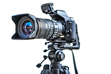 filming camera on tripod isolated at white background