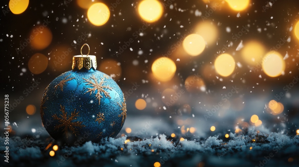 Poster blue christmas ornament on an abstract blurred background featuring golden bokeh lights and snowflak