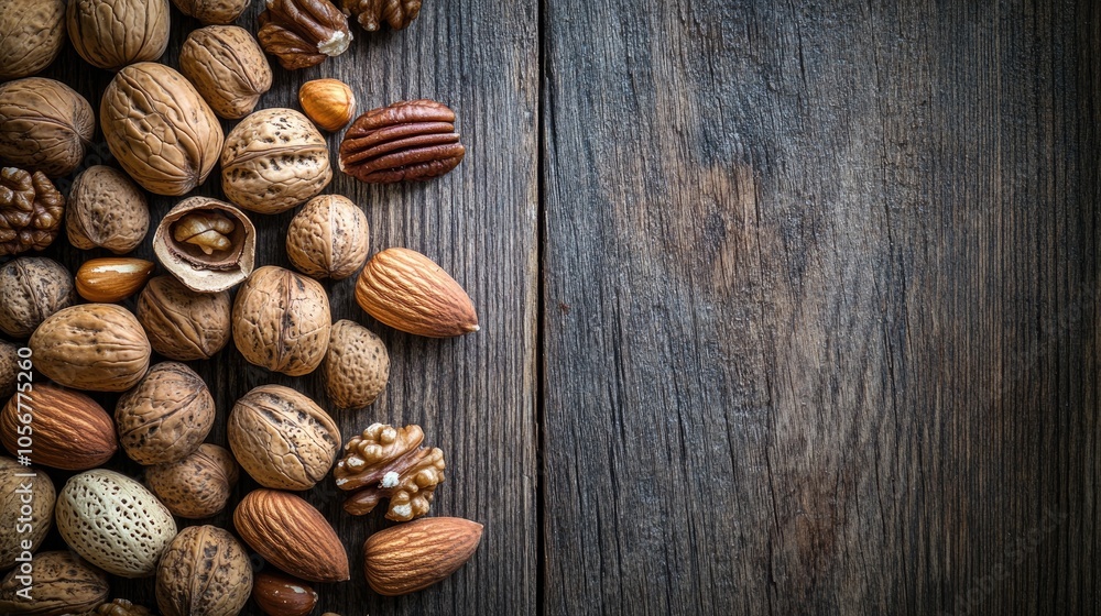 Poster a collection of mixed nuts in their shells featuring walnuts almonds and pecans displayed on a weath