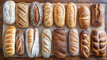Variety of freshly baked bread displayed on a wooden table surface