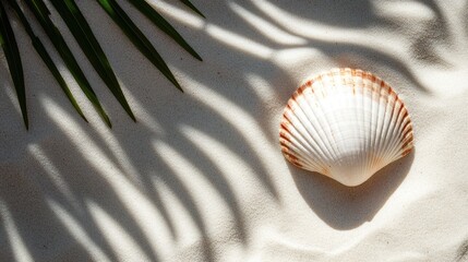 Seashell resting on a sandy beach with palm leaf shadows captured from above Represents summer vacation and relaxation themes