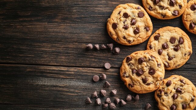 Chocolate chip cookies on a wooden surface viewed from above A delightful homemade treat perfect for baking enthusiasts